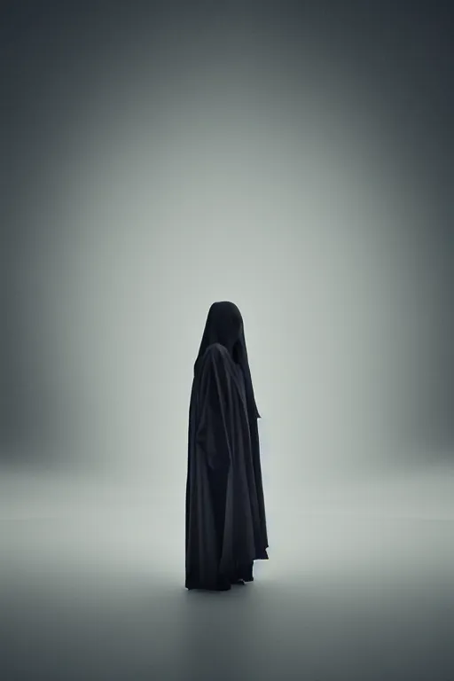 Image similar to a girl wearing long futuristic dark cloak by yohji yamamoto standing in a shadow of the moon light, sense of mystery, muted colors, simple shapes, long shot, full shot, by bill henson, by gregory crewdson, golden ratio, perfect composition, dramatic, fine detail, intricate, octane render, 8 k