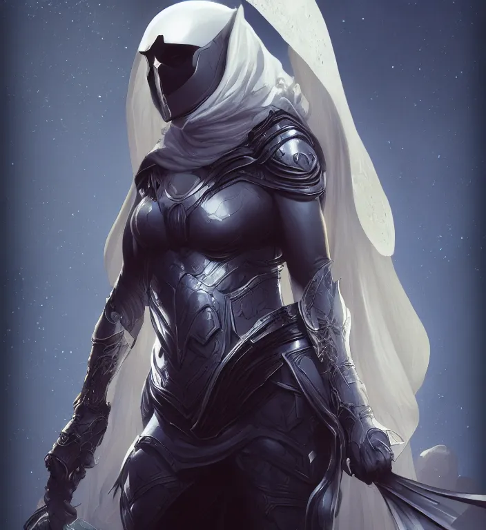 Image similar to female moon knight, hyper detailed, digital art, trending in artstation, cinematic lighting, studio quality, smooth render, unreal engine 5 rendered, octane rendered, art style by klimt and nixeu and ian sprigger and wlop and krenz cushart