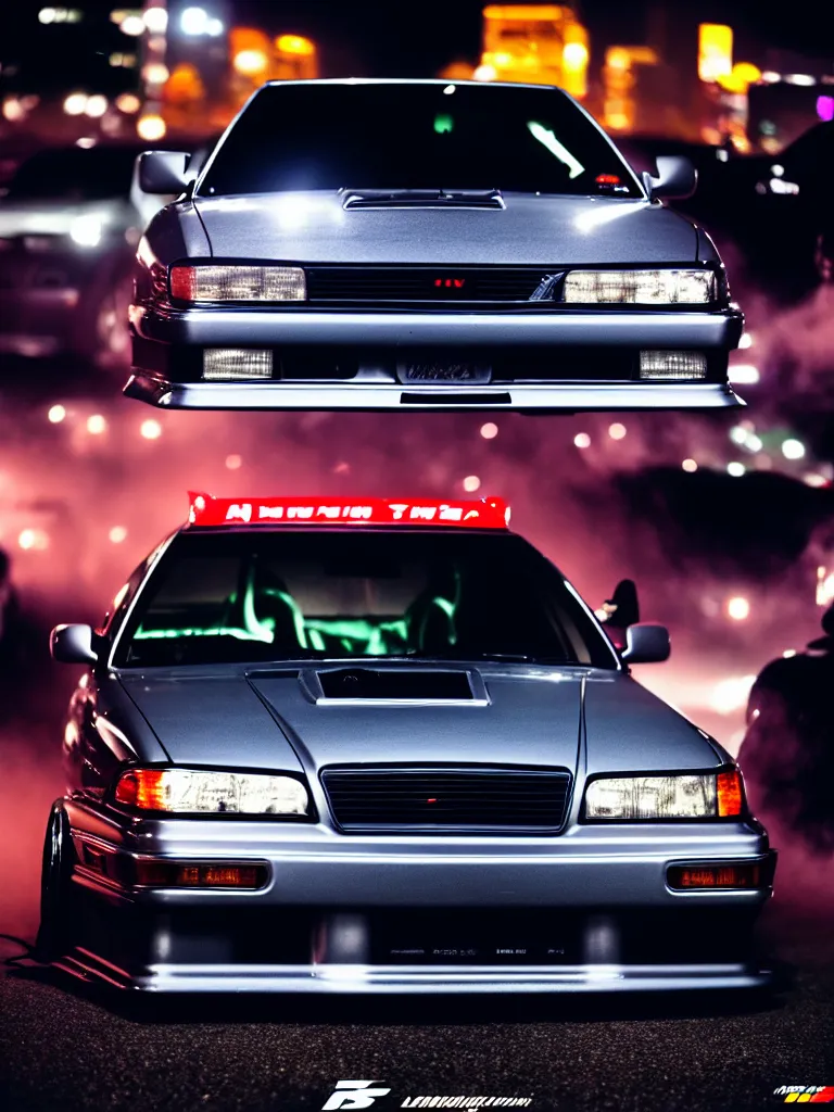 Image similar to a car JZX100 twin turbo drift at illegal car meet, Shibuya prefecture, city midnight mist lights, cinematic lighting, photorealistic, highly detailed wheels, high detail