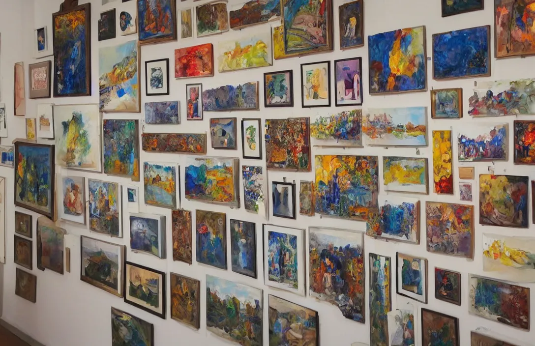 Prompt: wall full of beautiful paintings