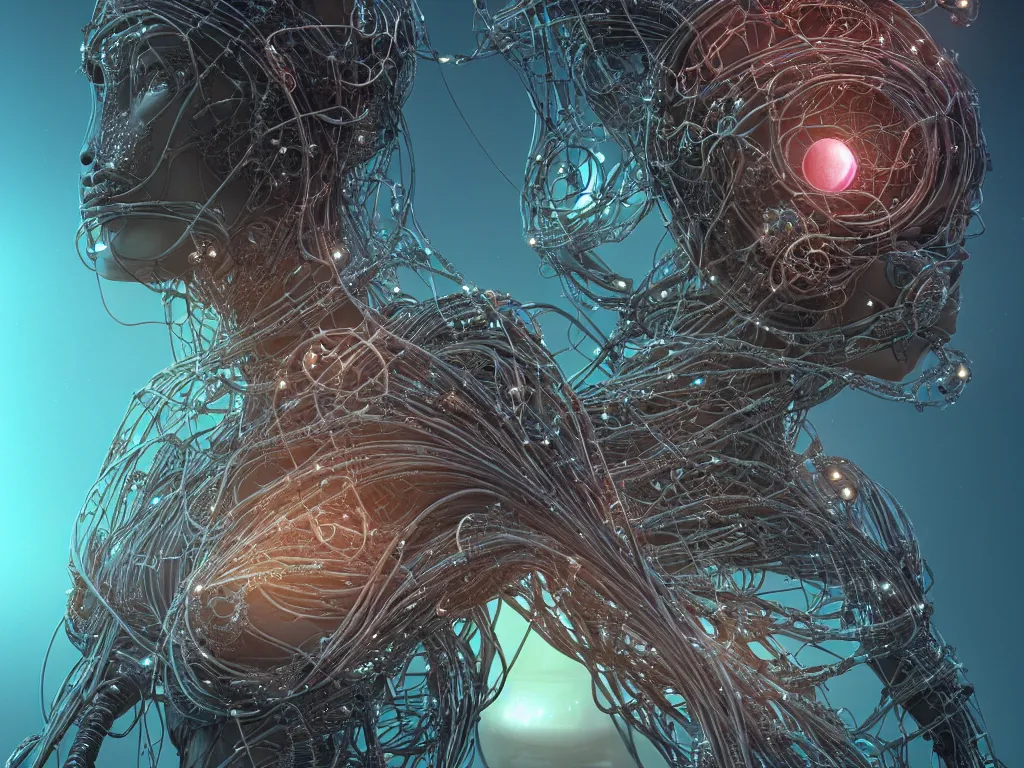 Prompt: a centered render of a goddess entangled in an alien bio - organic landscape adorned with cables and synthesizer parts is surrounded by sacred geometry, bio - mech structure, powerful, cinematic, beautifully lit, by artgerm, by h. r. giger, 3 d, trending on artstation, octane render, 8 k