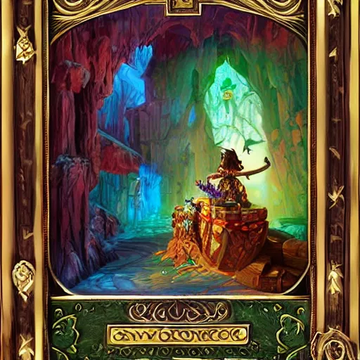 Image similar to a beautiful and vivid and colorful andreas rocha magic the gathering fantasy illustration of a beautiful engraved wooden pandora's box with inlaid jewels and gold filigree scrollwork.