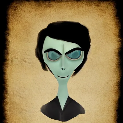 Image similar to young man portrait, black hair, skinny, sleep deprived, corpse bride art style