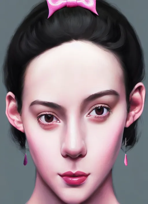 Image similar to portrait of high school girl, realistic, black hair, bangs, half updo hairstyle, pointy nose, skinny, smile, ugly, defined jawline, big chin, pink hair bow, earrings, intricate, elegant, glowing lights, highly detailed, digital painting, artstation, sharp focus, illustration, art by wlop, mars ravelo and greg rutkowski