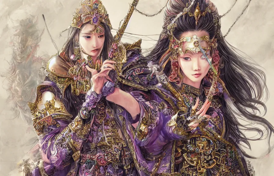 Image similar to an concept art of the korean queen surrounded by magic guards, long hair, makeup, intricate details, detailed face, detailed dress, one face, artstation, epic pose, colourful light, by kentaro miura and masanori warugai