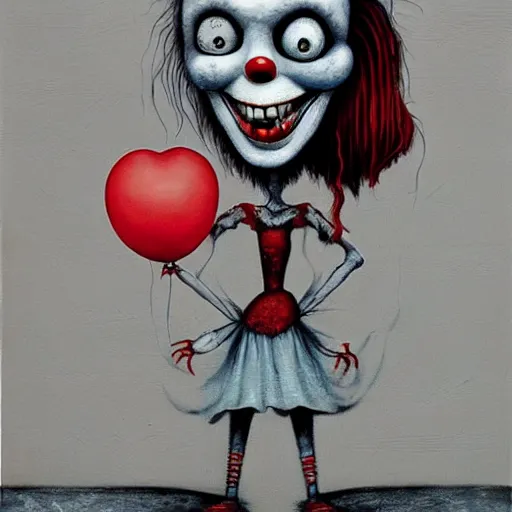 Image similar to grunge painting of a computer with a wide smile and a red balloon by chris leib, loony toons style, pennywise style, corpse bride style, horror theme, detailed, elegant, intricate