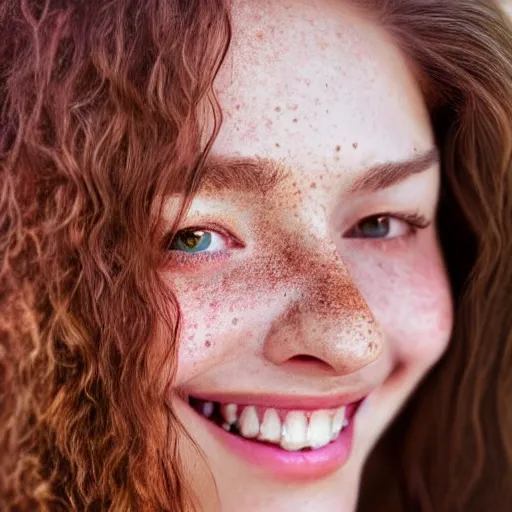 Prompt: beautiful hyperrealism hyperdetailed selfie of a cute young woman smiling softly, long light bronze brown hair, flushed face, red blush, light freckles, soft features, emerald green eyes, 8 k, sharp focus,