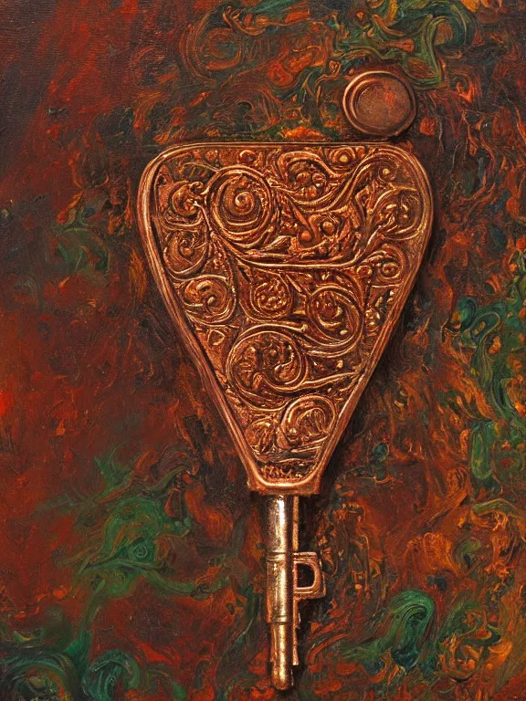 Prompt: a ultradetailed beautiful panting of an old copper key, with intricate detail, who can open the mind, oil panting, high resolution 4 k