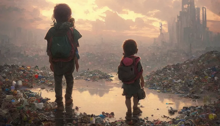 Image similar to poor detailed child with backpack looking for food at garbage dump, city is pure wasteland, moody sunset in background, greg rutkowski, alphonse mucha, trending on artstation, artgerm, unreal engine, breathtaking, award winning, highly detailed