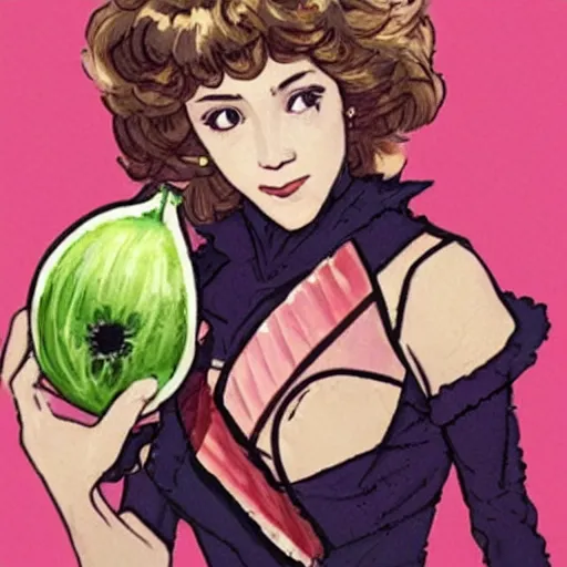 Image similar to beautiful portrait of young Jane Fonda eating a ripe watermelon in the style of masamune shirow