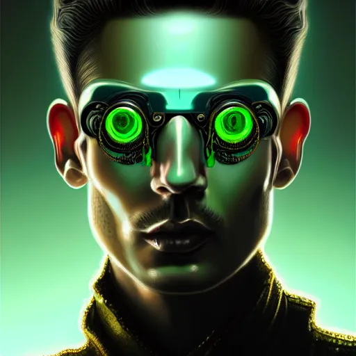 Prompt: man with extremely large and intricate haircut with angry green eyes and slim features looking askance, eye cyberpunk bionics, retro futurist style, intricate, elegant gleaming intricate baroque jewelry, angelic halo, highly detailed, digital painting, artstation, concept art, smooth, sharp focus, illustration, art by wlop, mars ravelo and greg rutkowski,