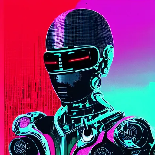 Prompt: “ a highly detailed full body portrait of a cyborg ninja by ilya kuvshinov in synthwave style with a cyberpunk colorful background with brokeh effect ”