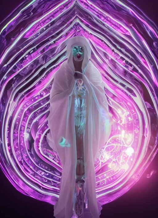 Prompt: photo of fullbodied baroque and bladerunner delicate neon diamond sculpture of seductive onyx albino marble prince kai harvatz dotado pink iridescent humanoid deity wearing blue plastic hooded cloak holding an glass skull in a onyx alien dungeon, reclining, glowing magenta face, crown of white diamonds, cinematic lighting, photorealistic, octane render 8 k depth of field 3 d
