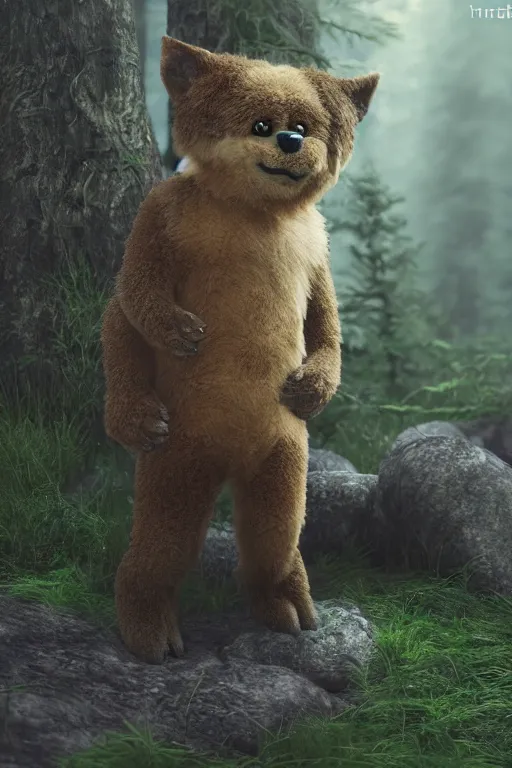 Image similar to A little furry cute monster in a misty forest, octane render, render, blender, ZBrush, 4k, 8k