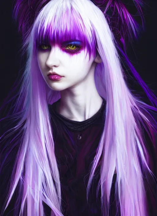 Image similar to hair whitebangs hair, black cyberlox, portrait of normal teenage girl, red eyes, white bangs, messy bangs, cyberlox, whitebangs, red irises, purple clothes, intricate, elegant, glowing lights, highly detailed, digital painting, artstation, concept art, sharp focus, smooth, illustration, art by wlop, mars ravelo and greg rutkowski