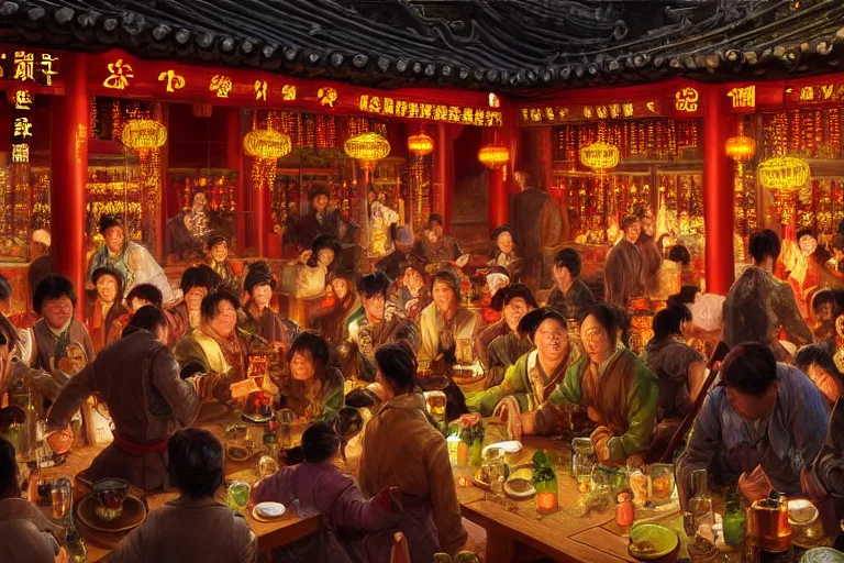 Prompt: fantasy art of a bustling tavern in china, at night, by james c christensen, highly detailed digital art, trending on artstation