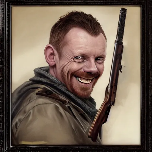 Prompt: portrait painting of simon pegg smiling like a winner with a winchester, ultra realistic, concept art, intricate details, eerie, highly detailed, photorealistic, octane render, 8 k, unreal engine. art by artgerm and greg rutkowski and alphonse mucha