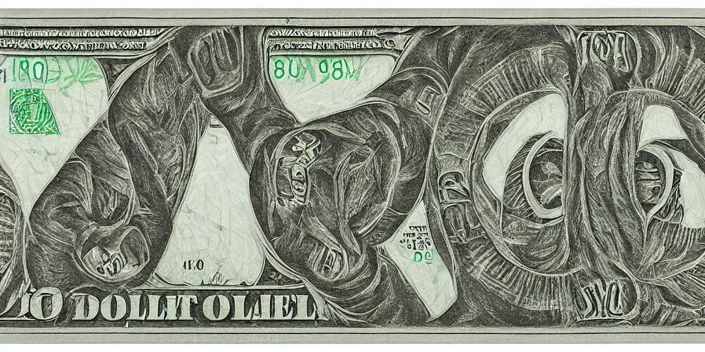 Prompt: 100 US Dollar bill, engraving by M.C. Escher, 1961