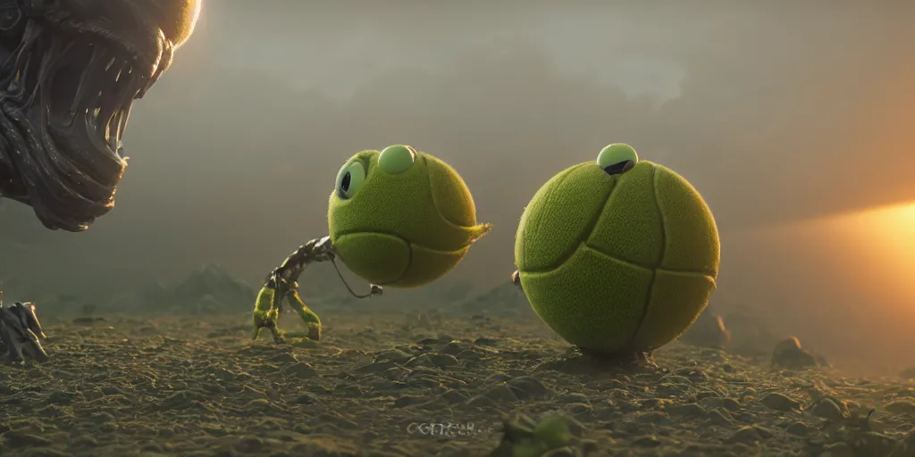 Prompt: a photo of 8 k ultra realistic tennis ball monster, tennis ball monsters, alien exotic, cinematic lighting, trending on artstation, 4 k, hyperrealistic, focused, high details, unreal engine 5, cinematic, alien planet atmosphere in background, 3 d render by basil gogos and beeple