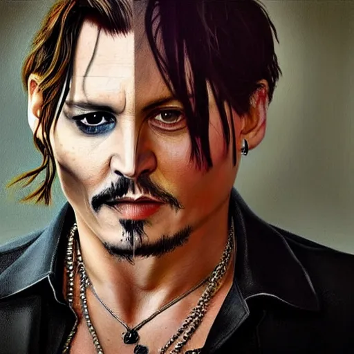 Image similar to face mash of johnny depp and ana de armas in the style of annie liebowitz portrait