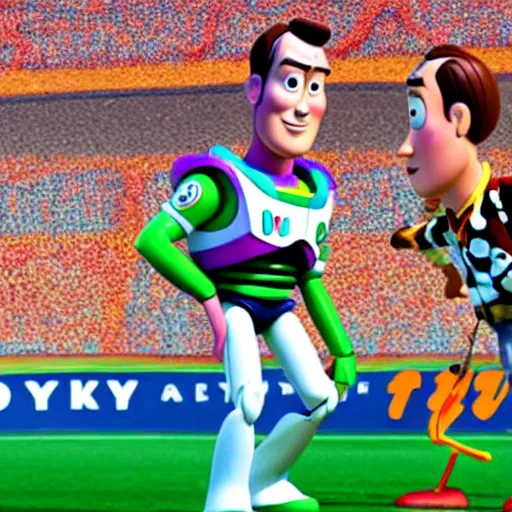 Prompt: movie still of harry kane as woody and son heung - min as buzz lightyear in the movie toy story,