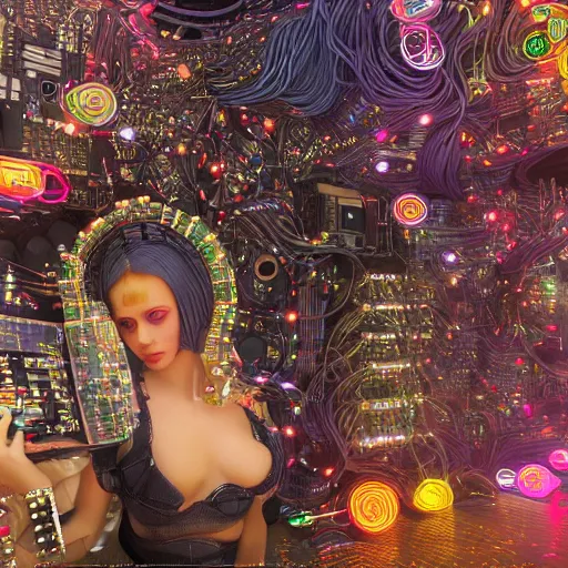 Prompt: deeper into the metaverse we go, piles of modular synth cables, kawaii puerto rican goddess swimming up wearing a headpiece made of circuit boards, by cameron gray, wlop, stanley kubrick, masamune, hideki anno, jamie hewlett, unique perspective, trending on artstation, 3 d render, vivid