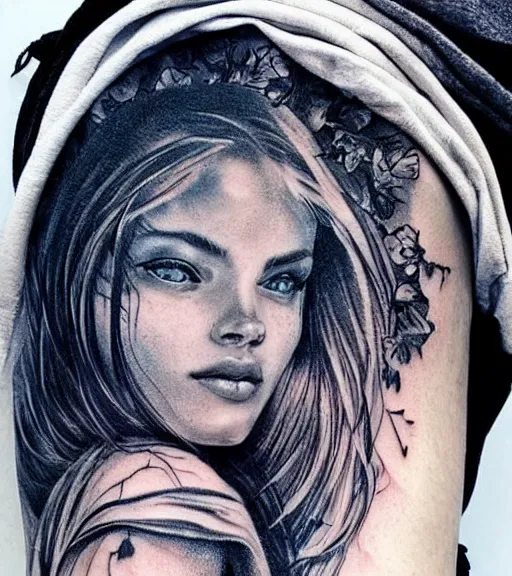 Image similar to tattoo design sketch of a beautiful blue - eyed woman face with a faded background of beautiful mountains and nature on her side, hyper - realistic, in the style of den yakovlev, amazing detail, black and white
