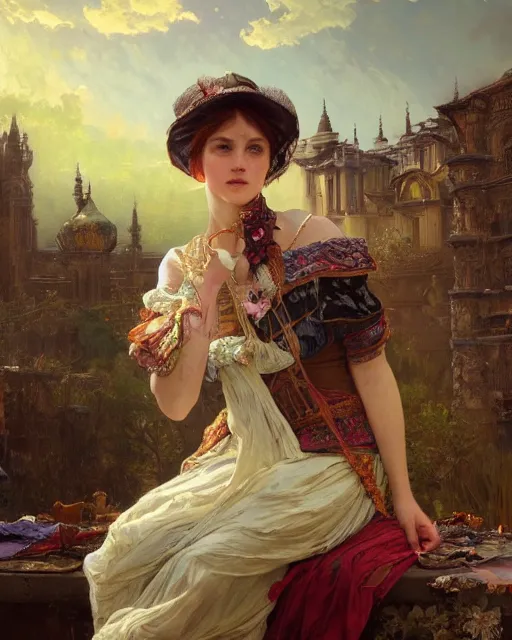 Image similar to a stunning intricate exquisite imaginative exciting western commoner close up portrait of an curious woman sitting with homely looks, tattered work clothes, ornate magical intricate and soft by ruan jia, tom bagshaw, alphonse mucha, krenz cushart, beautiful palace ruins in the background, epic sky, vray render, artstation, deviantart, pinterest, 5 0 0 px models