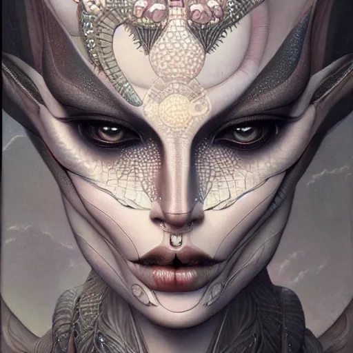 Prompt: ultra realist soft painting of a single attractive alien female, black scales, symmetry accurate features, very intricate details, focus, curvy, artstyle Hiraku Tanaka and Tom Bagshaw, award winning