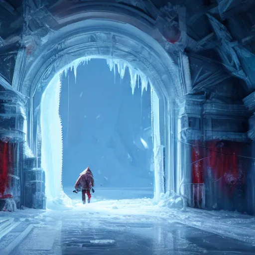 Prompt: a gigantic door graved in ice in a cold ice snow environment, ultrafine highly detailed hyper colorful illustration, sharp focus, rozalski, craig mullins, federico pelat, unreal engine highly rendered, global illumination, radiant light, intricate and detailed environment