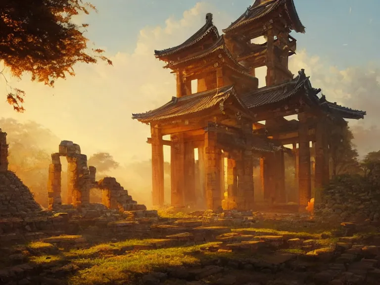 Image similar to ancient city ruins, ⛩, oil painting, 8 k, beautiful, vine, golden light, highly detailed, smoothly, artstation, cinematic, by wlop, by greg rutkowski, by artgerm