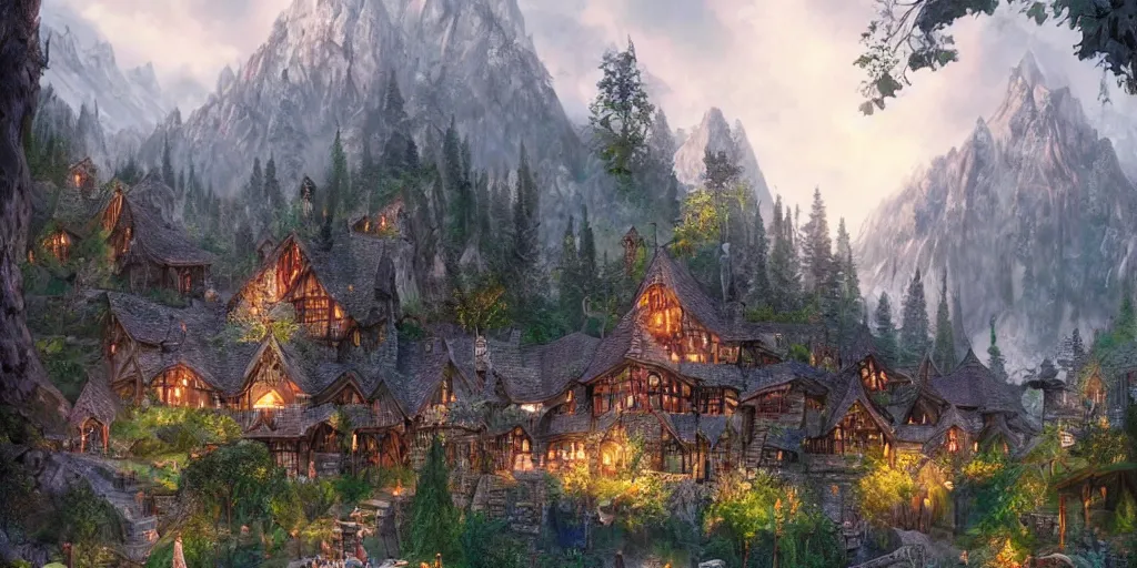 Image similar to elvish village. rivendell. mountains. beautiful forest. concept art. epic. cinematic. artstation.