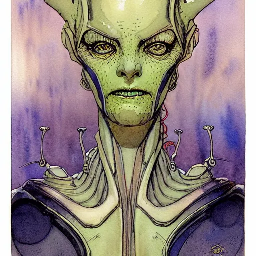 Image similar to a simple and atmospheric watercolour portrait of a pulp sci - fi alien queen, very muted colors, by rebecca guay, michael kaluta, charles vess and jean moebius giraud