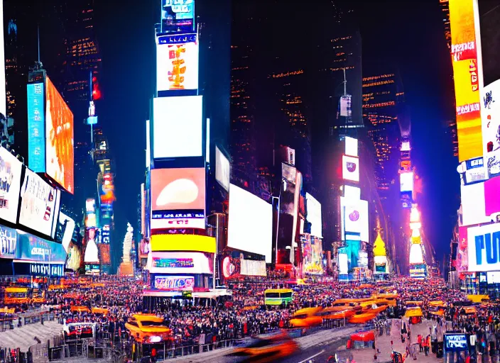 Image similar to film still of the moon shattering into pieces over time square in the new disaster movie, 8 k, night time