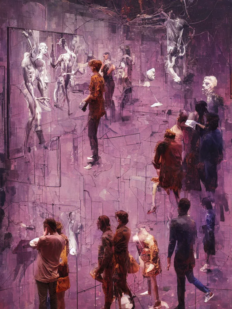 Image similar to a beautiful glitched painting by robert proch of people looking at an anatomy study of the human nervous system in a museum gallery, color bleeding, pixel sorting, copper oxide and rust materials, brushstrokes by jeremy mann, cold top lighting, textured palette knife pastel purple background