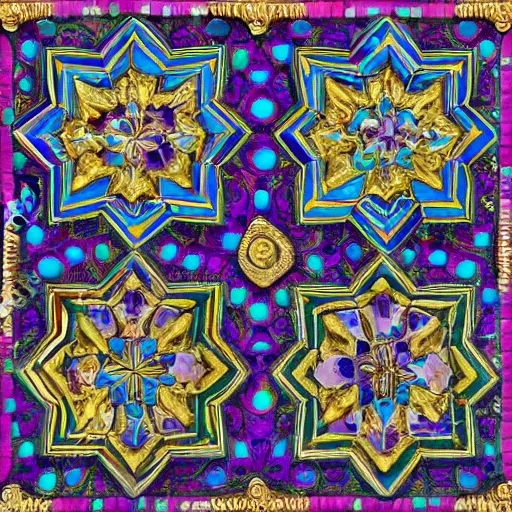 Prompt: an psychedelic intricately carved marble set with gold flourishes and diamonds of various colors in the form of hexagons against a blue ornate background