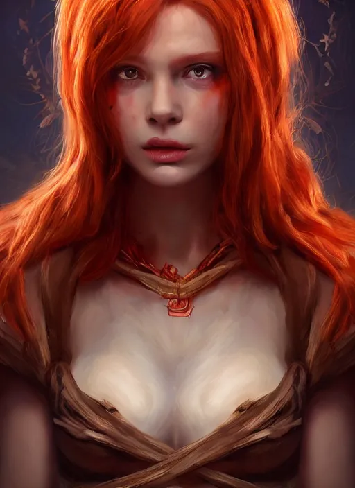 Image similar to Beautiful redhead girl which chest wrapped in bandages, portrait, fantasy, medieval, vivid colors, fantasy, elegant, concept art, sharp focus, beautiful face, digital art, Hyper-realistic, 4K, Unreal Engine, Highly Detailed, HD, Dramatic Lighting by Brom, trending on Artstation