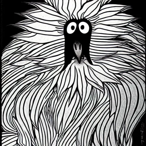 Image similar to big bird from sesame street, style of junji ito!!!!, black and white, undead