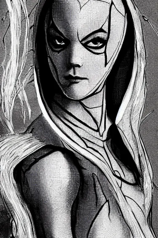 Image similar to a portrait of spider gwen in the style of leonardo da vinci drawing,, single head, no double head,