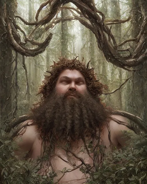 Image similar to patrick rothfuss as a forest druid with ram horns and leaves in his beard, dreamy and ethereal, fantasy, intricate, elegant, highly detailed, digital painting, artstation, concept art, smooth, sharp focus, illustration, art by artgerm and greg rutkowski and donato giancola