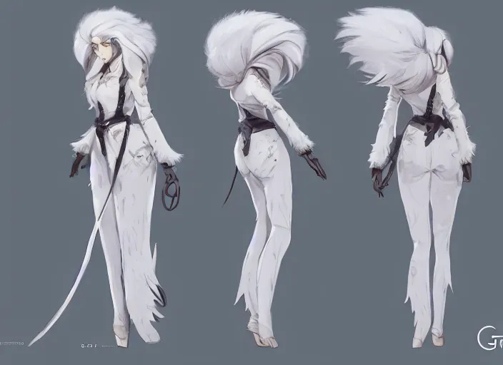 Image similar to character sheet for a beautiful and cute girl with a long white fur coat for genshin impact by greg rutkowski, black to light white fade hair, genshin impact style, ghibli, fashion design, overwatch style, sorcerer magic witch, digital art, trending on artstation, hd, 8 k, highly detailed, good lighting, beautiful, masterpiece