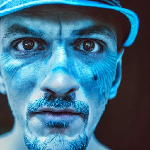 Image similar to fish eye lens close up photograph of a man with blue skin and a goatee side eyeing from below the camera with a sympathetic look