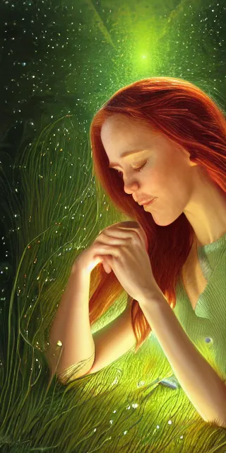 Image similar to infp young woman, smiling amazed, golden fireflies lights, sitting in the midst of nature fully covered, long loose red hair, intricate linework, green eyes, small nose with freckles, oval shape face, realistic, expressive emotions, dramatic lights spiritual scene, hyper realistic ultrafine art by michael cheval, jessica rossier, boris vallejo