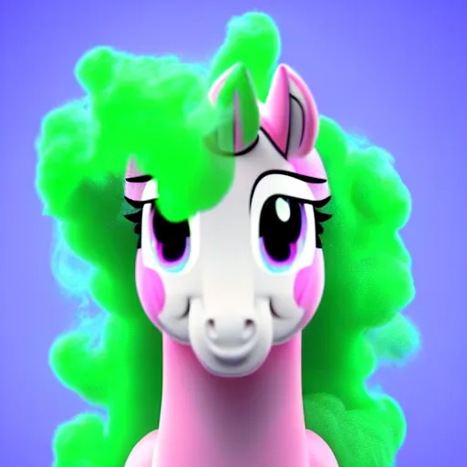 Image similar to white colored stoner pony from my little pony, marijuana themed, weed cutie mark, art, smoke everywhere, colorful, 3 d, render, blender 3 d, soft lighting, green mane, surrounded by smoke clouds spiraling around