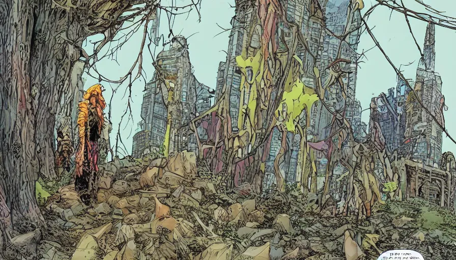 Image similar to ligne claire art of a druid in postapocalyptic city intertwined with nature in the open space, street - level view, by moebius, bright colors, eisner award - winning spread