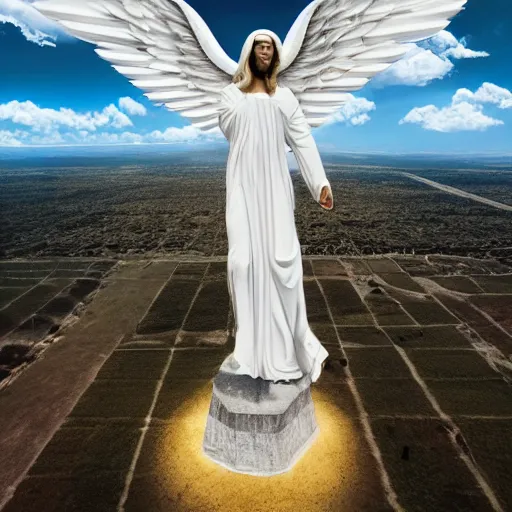 Image similar to gigantic biblical depiction of an angel towering over a vast landscape, cinematic, realistic, geometric body, photorealistic, detailed, white body, global illumination, volumetric lighting, 8 k, god rays, beautiful, majestic clouds