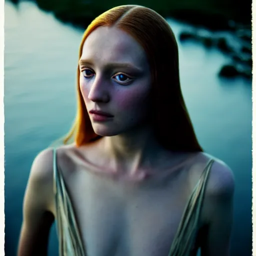 Prompt: photographic portrait of a stunningly beautiful english renaissance female android with glowing eyes in soft dreamy light at sunset, beside the river, soft focus, contemporary fashion shoot, hasselblad nikon, in a denis villeneuve movie, by edward robert hughes, annie leibovitz and steve mccurry, david lazar, jimmy nelsson, hyperrealistic, perfect face