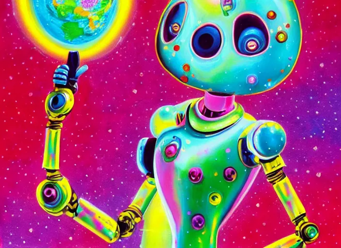 Prompt: a cute robot girl holds the world in her hand, an ultrafine detailed painting by lisa frank, trending on deviantart, pop surrealism, whimsical, lowbrow, colorful