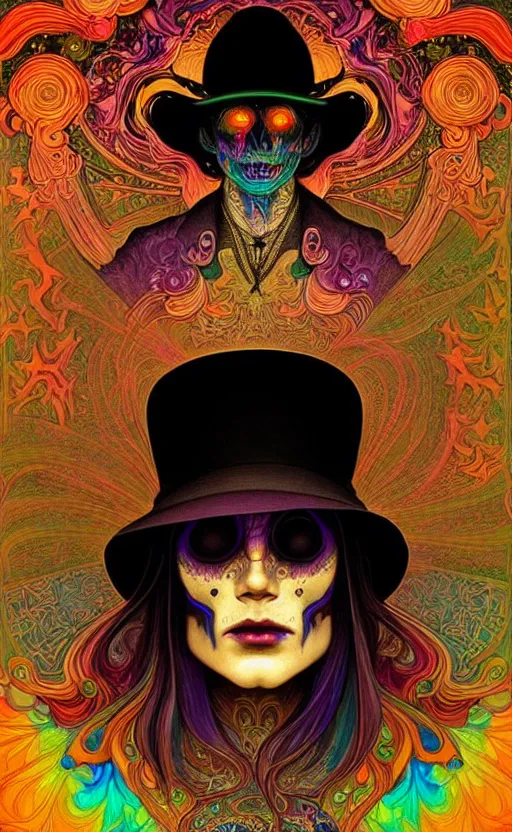 Image similar to An extremely psychedelic celestial undertaker in his black fedora hat, colorful, surreal, dramatic lighting, magic mushrooms, psilocybin, LSD, face, detailed, intricate, elegant, highly detailed, digital painting, artstation, concept art, smooth, sharp focus, illustration, art by Krenz Cushart and Artem Demura and alphonse mucha