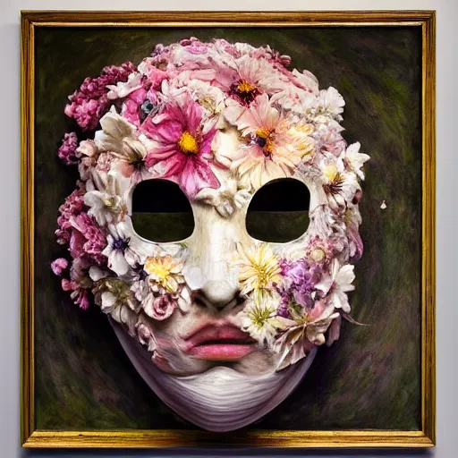 Image similar to masterpiece painting of a facemask made of flowers, by annie swynnerton and jean delville and tino rodriguez and diego rivera, photorealistic, flower mask, symbolist, dramatic lighting, god rays, elaborate geometric ornament, clean crisp graphics, soft cool colors, smooth sharp focus, extremely detailed